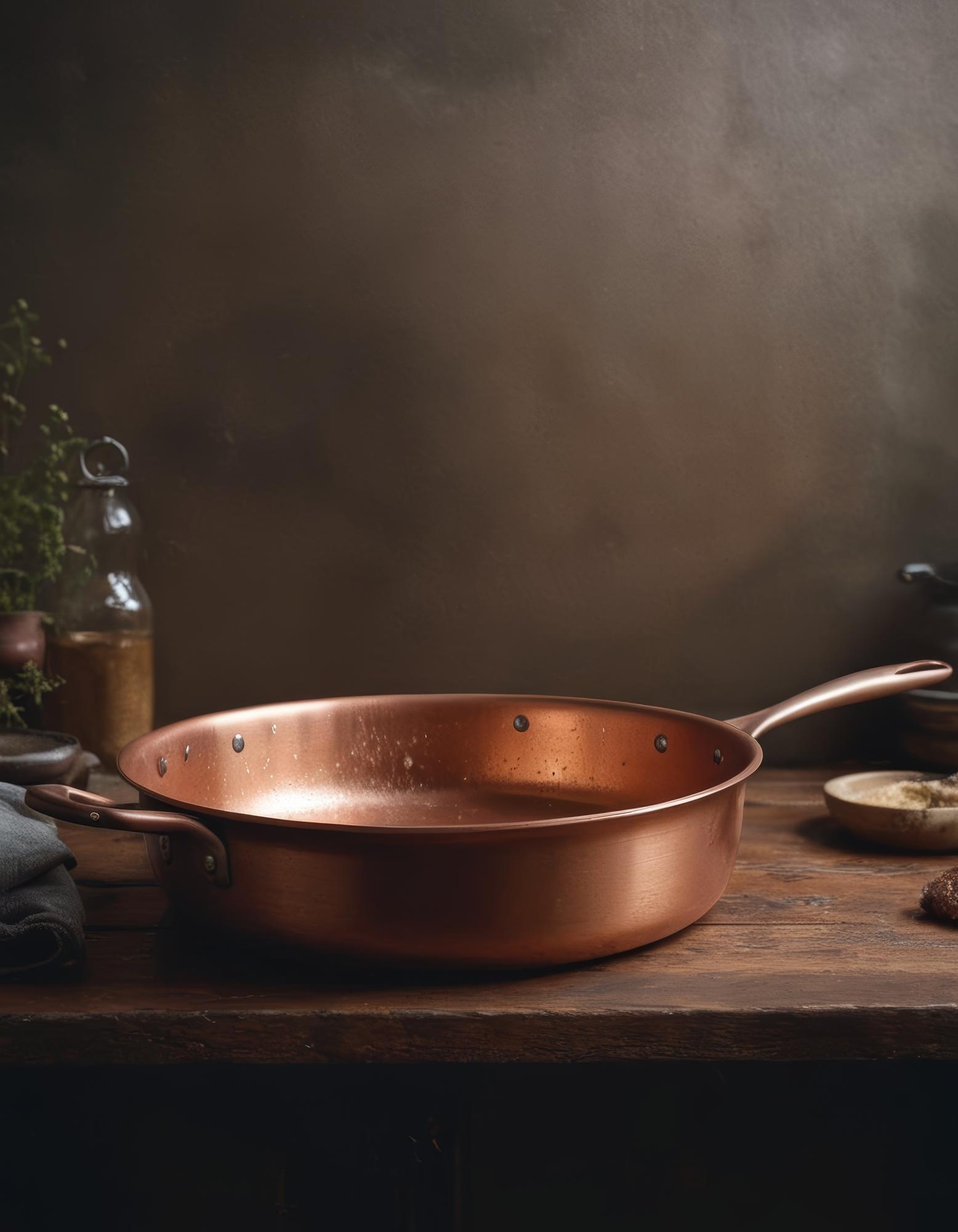Warm kitchen workspace with copper pans